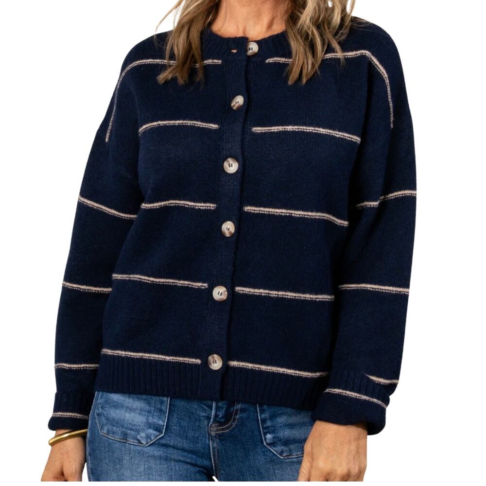 The Workshop Zoe Striped Button Up Sweater Cardigan Navy Blue Cream Sz L